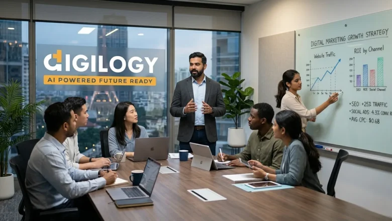 Digital marketing team working in an office with Digilogy branding on the wall.