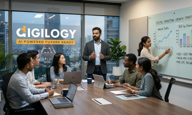Digital marketing team working in an office with Digilogy branding on the wall.