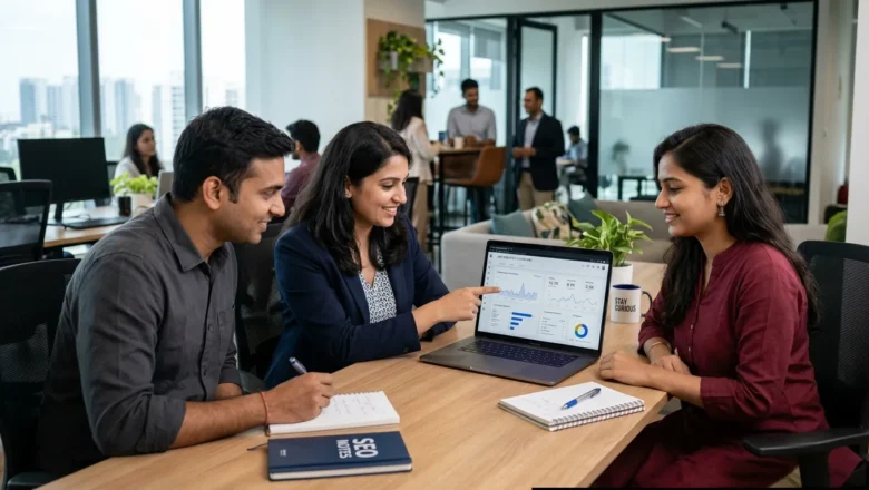 Indian digital marketing professionals analyzing Google Business Profile engagement data