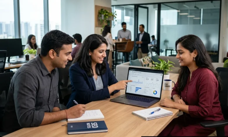 Indian digital marketing professionals analyzing Google Business Profile engagement data