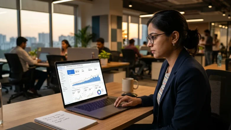Digital marketer reviewing AI Max performance in Google Ads.