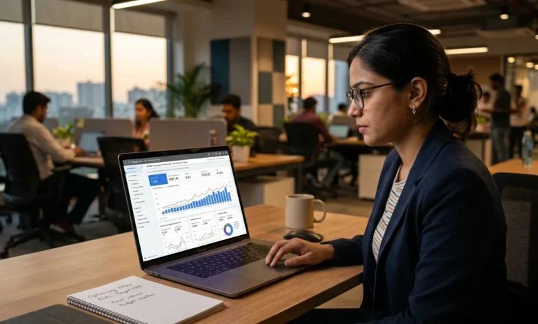 Digital marketer reviewing AI Max performance in Google Ads.