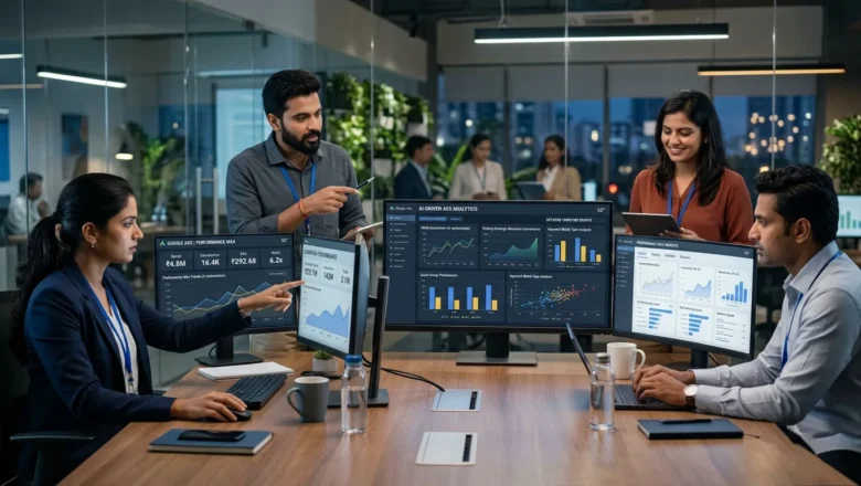 Indian digital marketing professionals analyzing Google Ads AI Max campaign data
