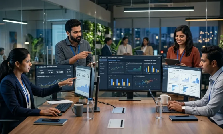 Indian digital marketing professionals analyzing Google Ads AI Max campaign data