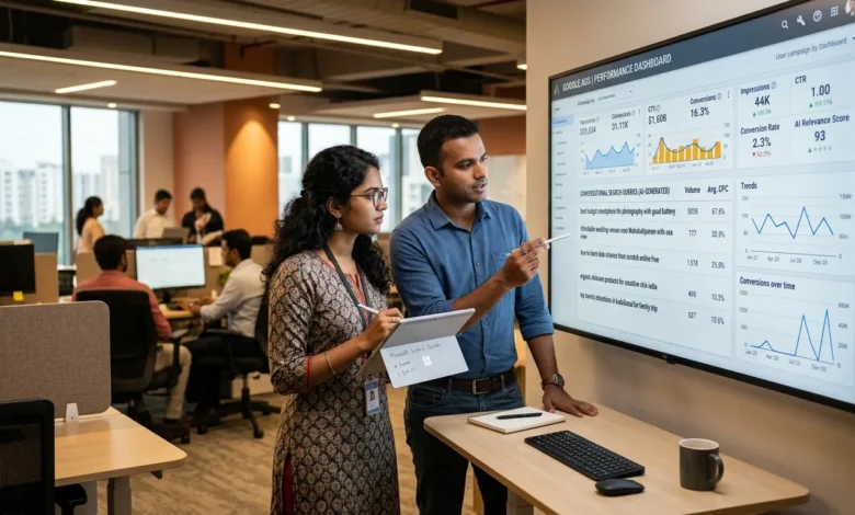 Indian business owner analyzing Google Business Profile analytics dashboard.