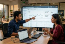 Indian marketing analysts reviewing Google Ads campaign performance data.