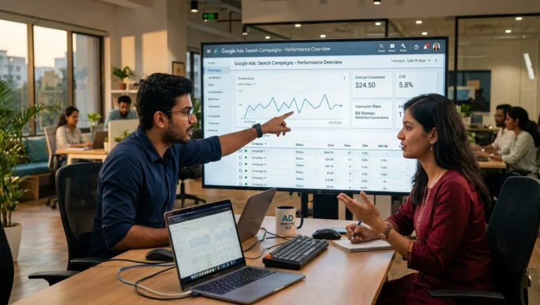 Indian marketing analysts reviewing Google Ads campaign performance data.