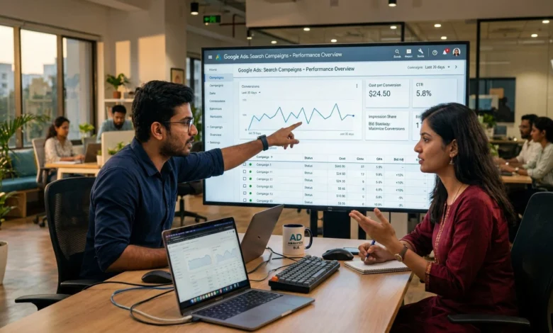 Indian marketing analysts reviewing Google Ads campaign performance data.