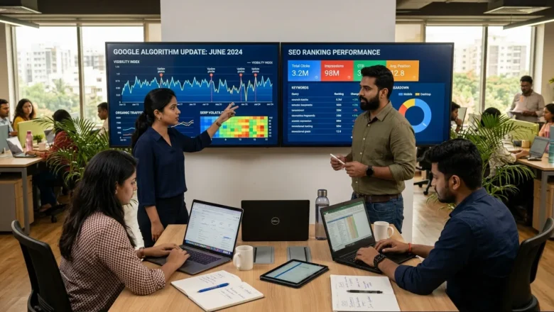 Indian SEO professionals analyzing Google April 2026 Core Update ranking impact on analytics dashboards