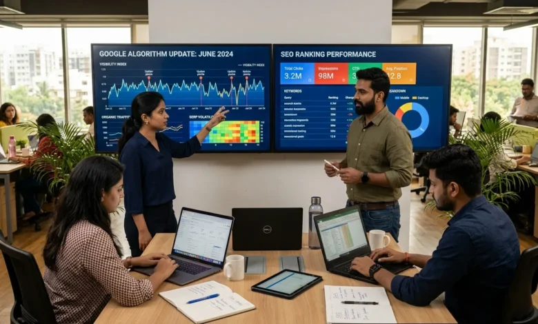 Indian SEO professionals analyzing Google April 2026 Core Update ranking impact on analytics dashboards