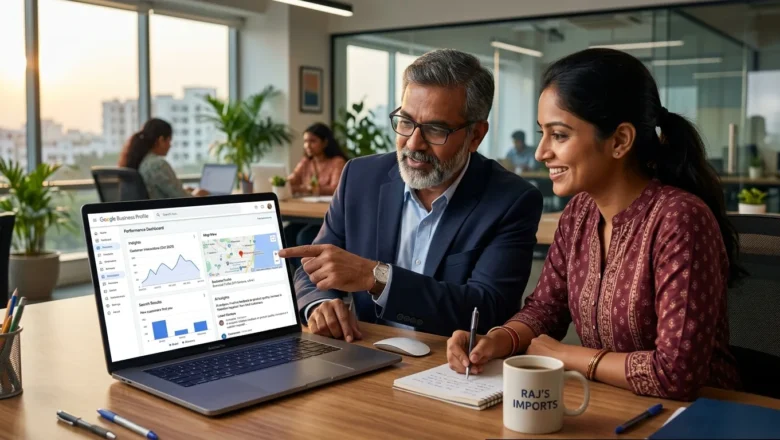 Indian business owner analyzing Google Business Profile analytics dashboard.