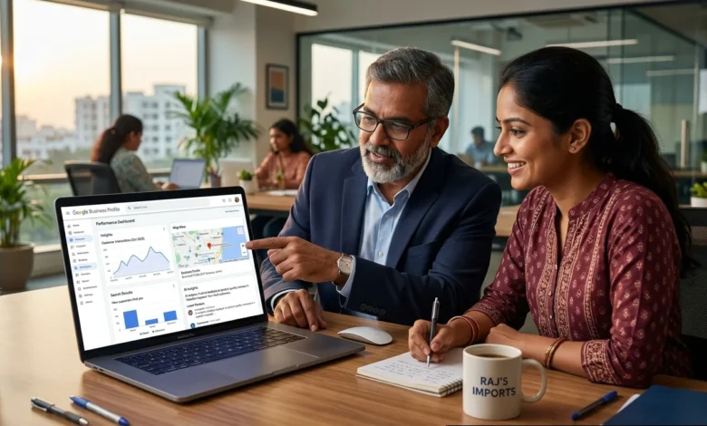 Indian business owner analyzing Google Business Profile analytics dashboard.