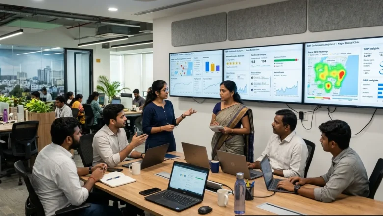 Digital marketing team analyzing Google Business Profile local SEO insights