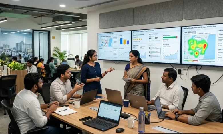 Digital marketing team analyzing Google Business Profile local SEO insights