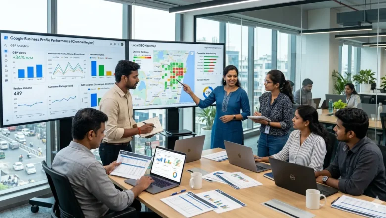 Digital marketing team analyzing Google Business Profile local SEO insights