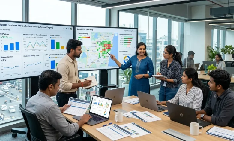 Digital marketing team analyzing Google Business Profile local SEO insights