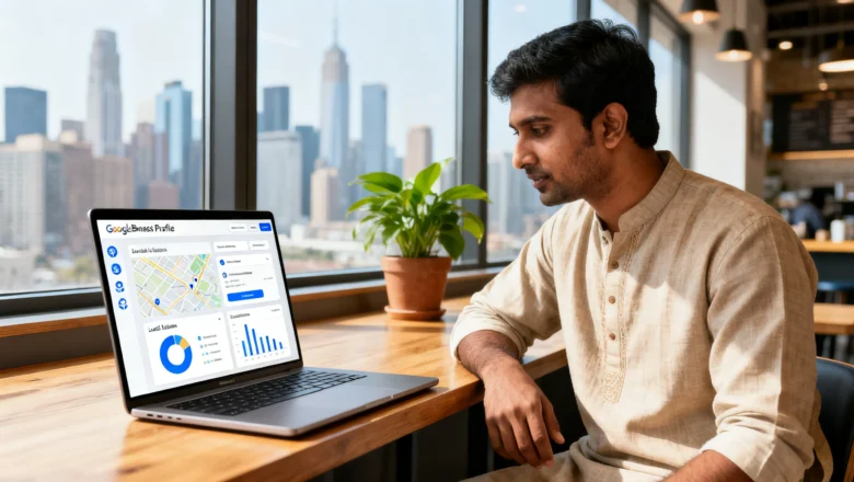 Indian business owner analyzing Google Business Profile local search performance