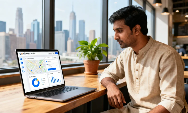 Indian business owner analyzing Google Business Profile local search performance