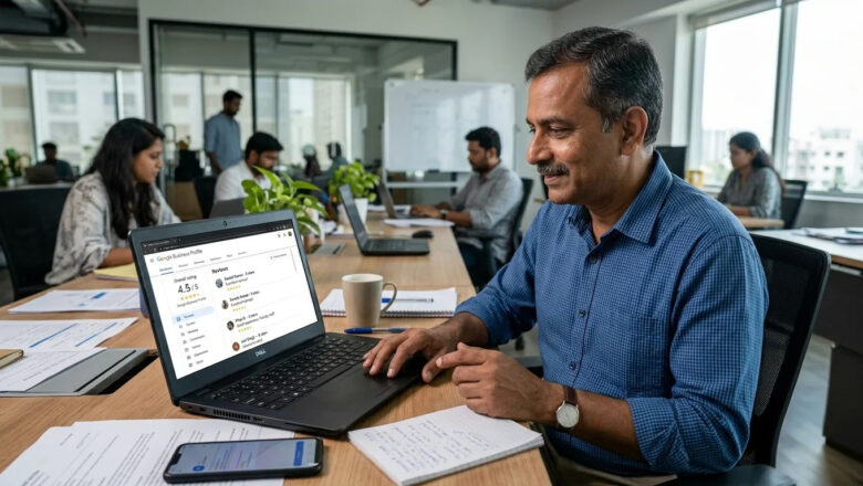 Indian business owner checking Google Business Profile reviews