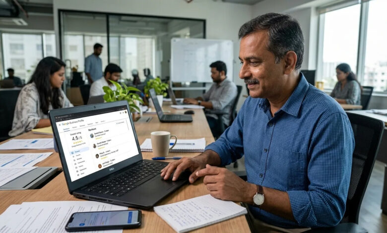Indian business owner checking Google Business Profile reviews