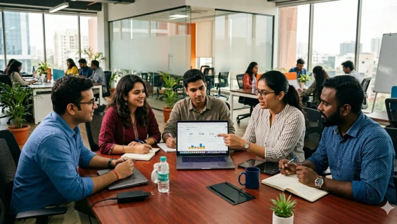 Indian marketing professionals analyzing digital advertising campaigns.