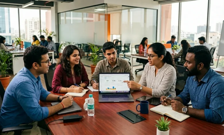 Indian marketing professionals analyzing digital advertising campaigns.