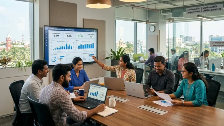 Indian marketing professionals analyzing digital marketing analytics in a Chennai office