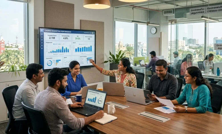Indian marketing professionals analyzing digital marketing analytics in a Chennai office