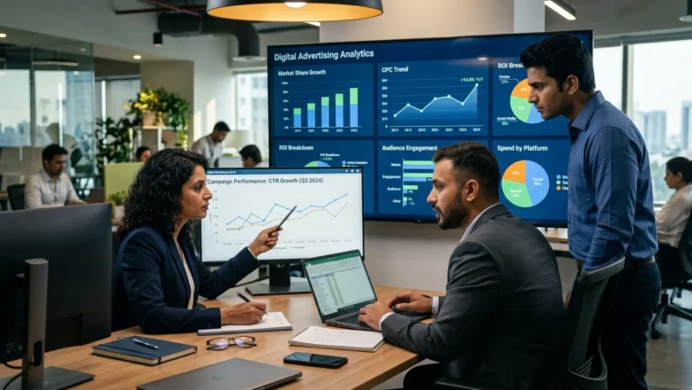 Indian marketing analysts reviewing digital advertising growth data.