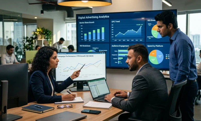 Indian marketing analysts reviewing digital advertising growth data.