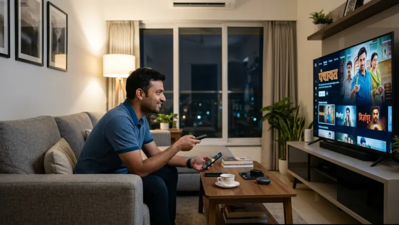 “Indian professional watching OTT content on smart TV representing digital media growth”