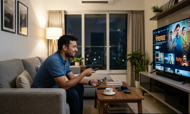 “Indian professional watching OTT content on smart TV representing digital media growth”