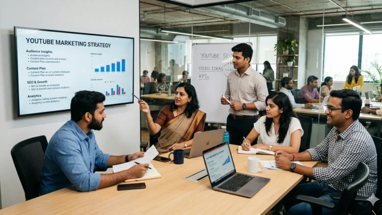 Indian digital marketing team analyzing YouTube ads on a laptop.