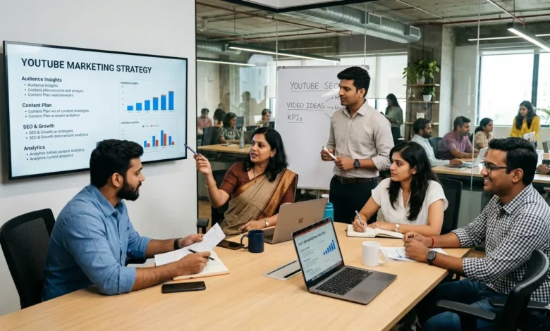 Indian digital marketing team analyzing YouTube ads on a laptop.