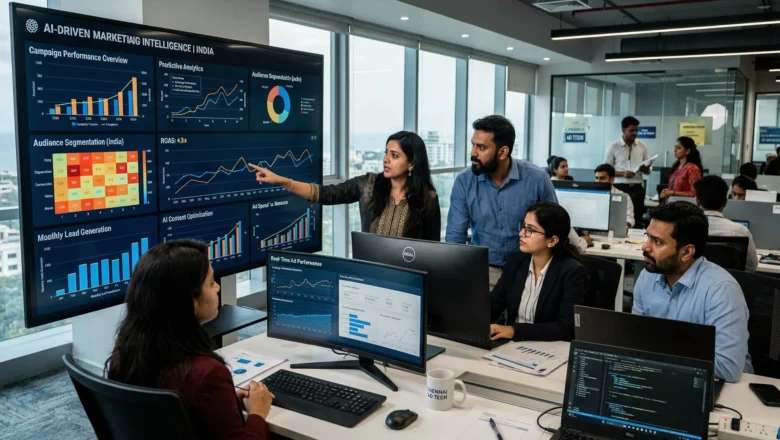 Indian marketing professionals analyzing AI-driven marketing dashboards.