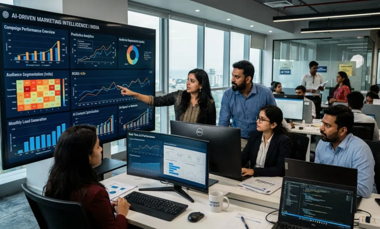 Indian marketing professionals analyzing AI-driven marketing dashboards.