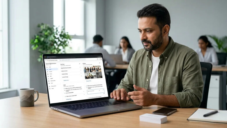 "Indian business owner updating Google Business Profile for Ask Maps AI optimization"