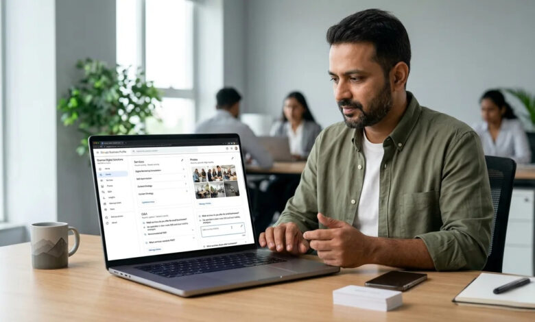 "Indian business owner updating Google Business Profile for Ask Maps AI optimization"
