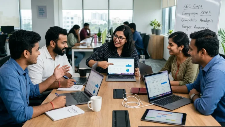 Indian digital marketing team collaborating on ad strategies.