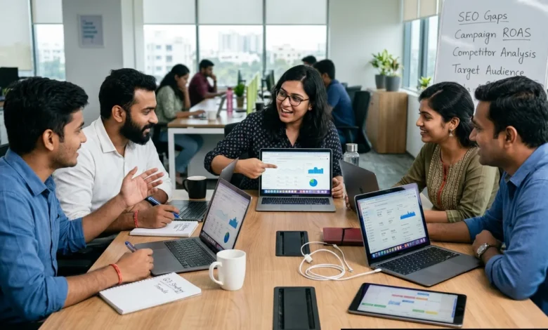 Indian digital marketing team collaborating on ad strategies.