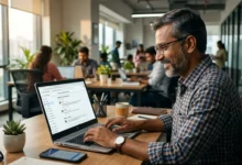 Indian professional reviewing Google Ads performance metrics using the Results Tab on a laptop.