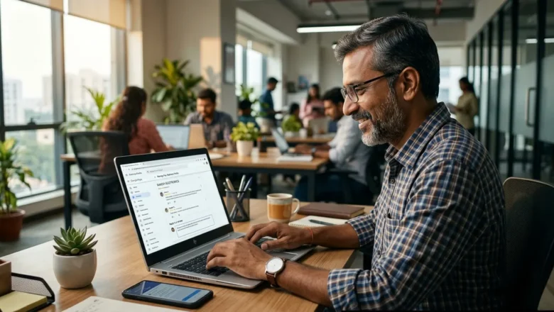 Indian professional reviewing Google Ads performance metrics using the Results Tab on a laptop.