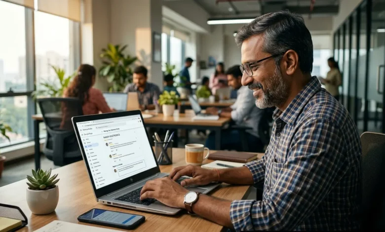 Indian professional reviewing Google Ads performance metrics using the Results Tab on a laptop.