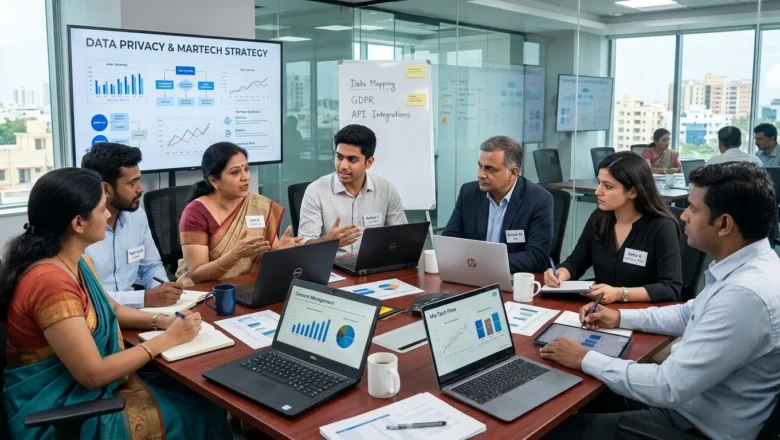 "Indian professionals discussing data privacy and MarTech solutions in a conference room"