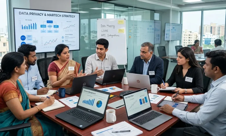 "Indian professionals discussing data privacy and MarTech solutions in a conference room"