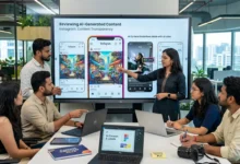 Indian team reviewing AI-generated content labeling on Instagram in a digital marketing office.
