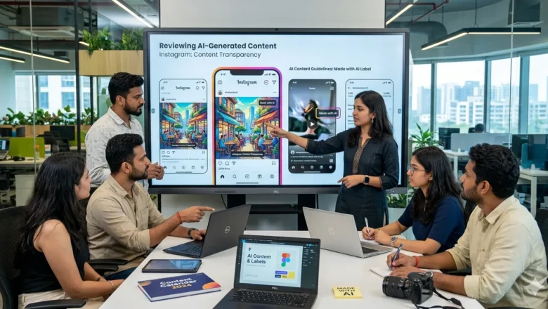 Indian team reviewing AI-generated content labeling on Instagram in a digital marketing office.