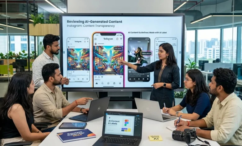 Indian team reviewing AI-generated content labeling on Instagram in a digital marketing office.