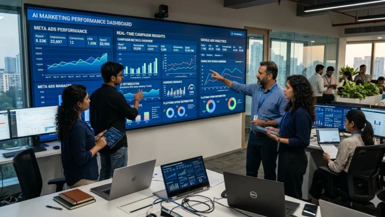 Indian marketing professionals analyzing AI advertising automation platform dashboard.