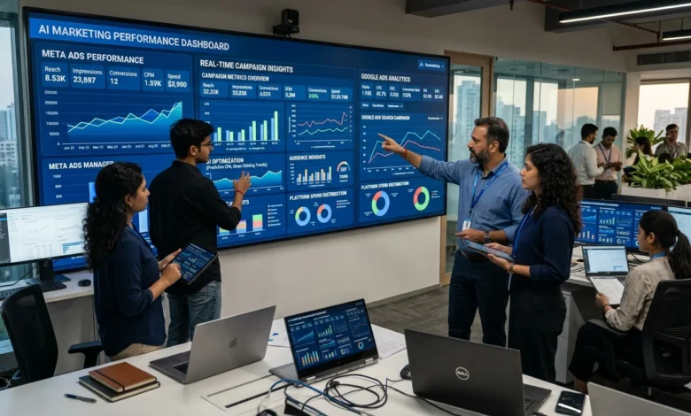 Indian marketing professionals analyzing AI advertising automation platform dashboard.